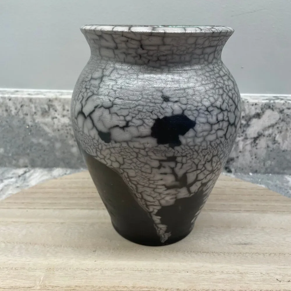 Hand Crafted Studio Pottery Signed PAM Raku Crackles Glaze  Black Gray Vase
